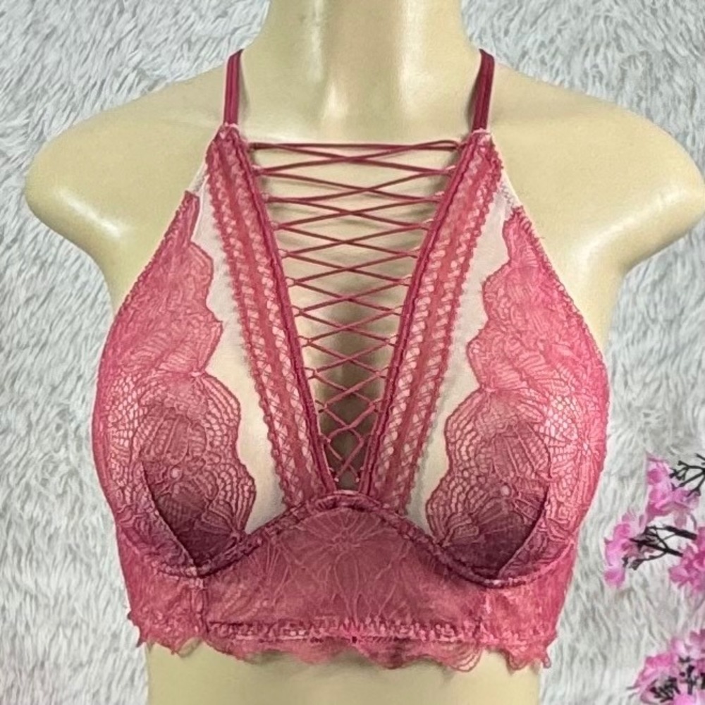 Victoria's Secret Lace-Up Plunge Bralette Medium Dusty Rose Lace